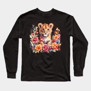 A lion cub decorated with beautiful watercolor flowers Long Sleeve T-Shirt